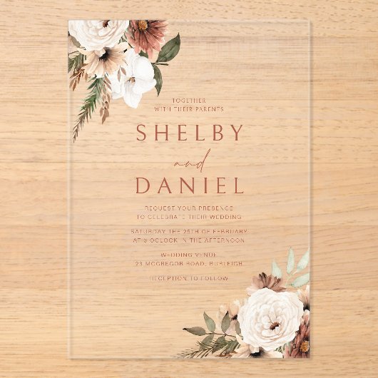 Terracotta Bohemian Bloemen Alle Seizoenen Bruilof Acryl Uitnodigingen (Voorkant)