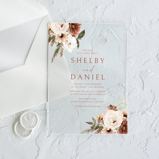 Terracotta Bohemian Bloemen Alle Seizoenen Bruilof Acryl Uitnodigingen