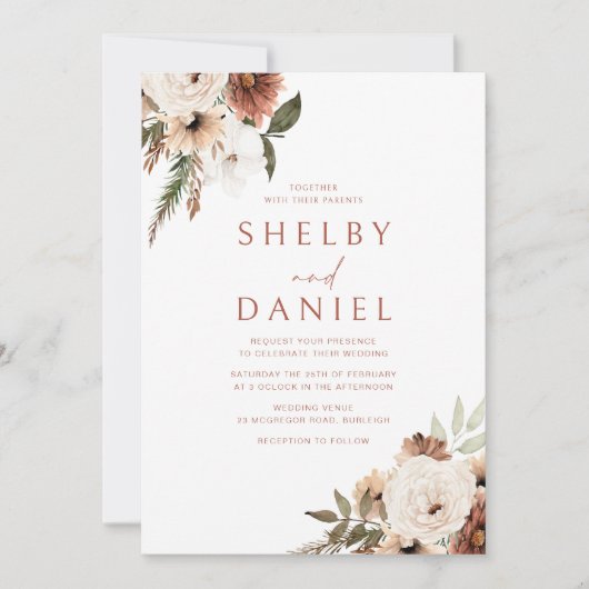 Terracotta Bohemian Bloemen Alle Seizoenen Bruilof Kaart (Voorkant)