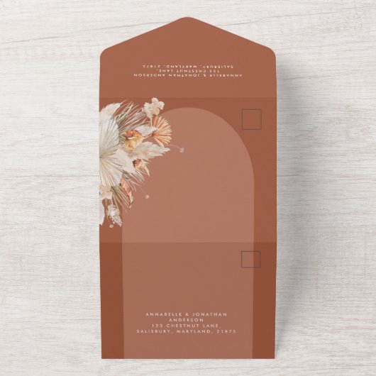 terracotta bohemian pampas bruiloft all in one uitnodiging (Buitenkant)