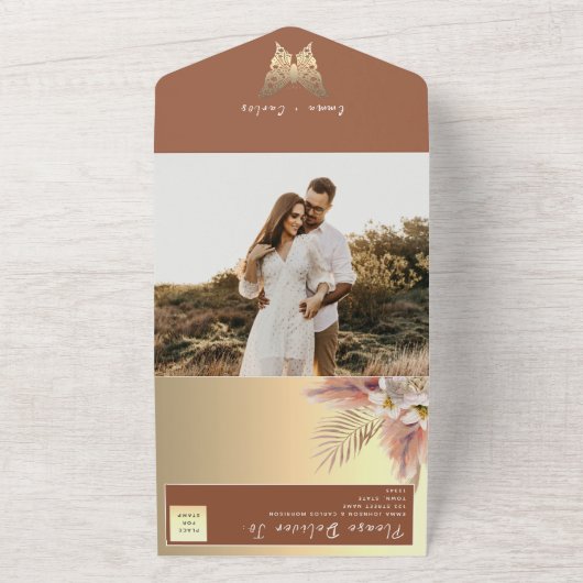 Terracotta Bohemian Pampas Grass Wedding All In One Uitnodiging (Buitenkant)