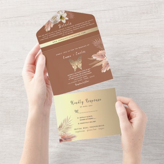 Terracotta Bohemian Pampas Grass Wedding All In One Uitnodiging (Afscheurbaar)