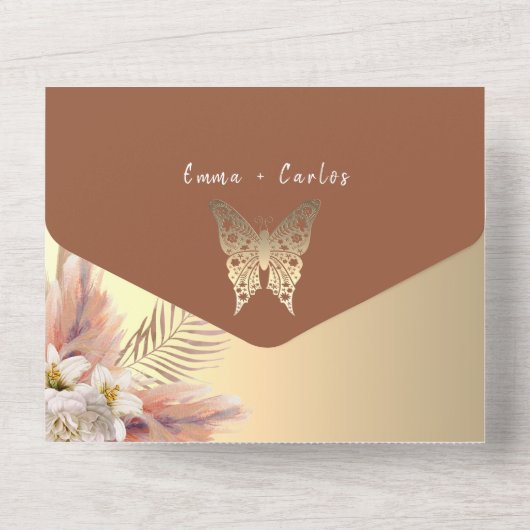 Terracotta Bohemian Pampas Grass Wedding All In One Uitnodiging (Achterkant)