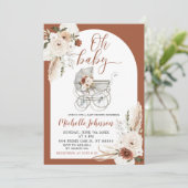Terracotta Boho Arch Floral Stroller Baby shower Kaart (Staand voorkant)