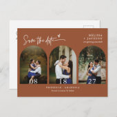 Terracotta Boho Arch Photo QR Code Save the Date Briefkaart (Voorkant / Achterkant)