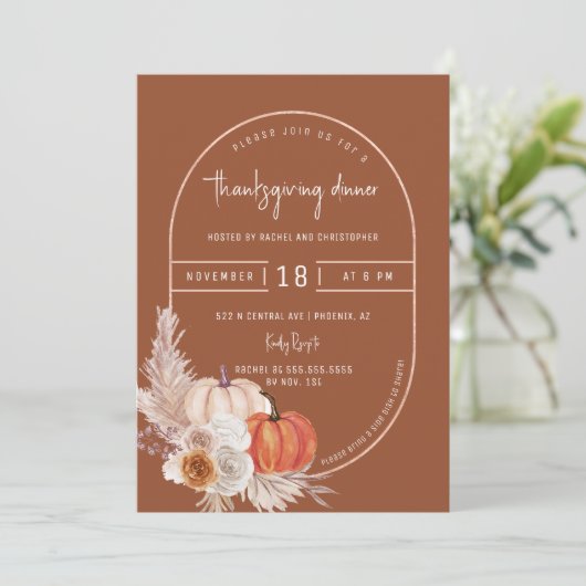 Terracotta Boho Arch Pompoenen Thanksgiving Diner Kaart (Staand voorkant)