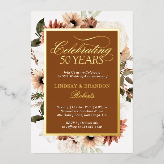 Terracotta Boho Bloem Bruiloft Jubileum Goud Folie Uitnodiging (Voorkant)