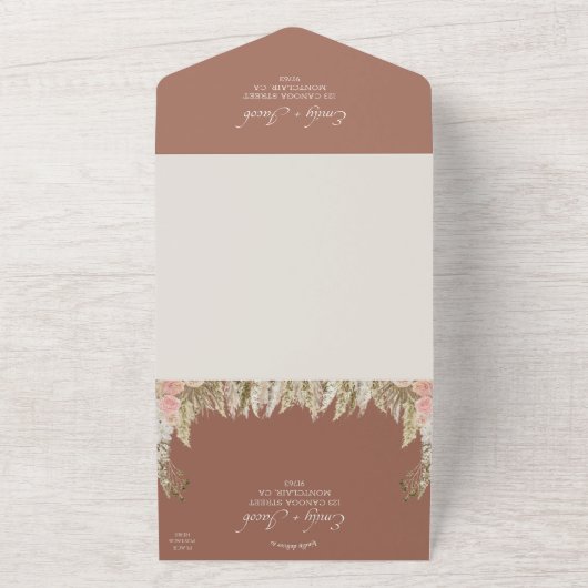 Terracotta Boho Bloemen bruiloft All In One Uitnodiging (Buitenkant)