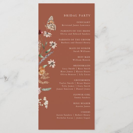 Terracotta Boho Bloemen Bruiloft Programmakaart (Achterkant)