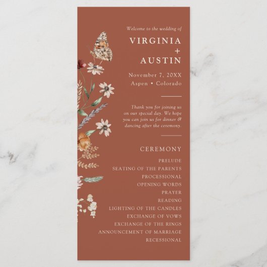 Terracotta Boho Bloemen Bruiloft Programmakaart (Voorkant)