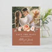 Terracotta Boho Bloemen Foto Bruiloft Save The Date (Staand voorkant)
