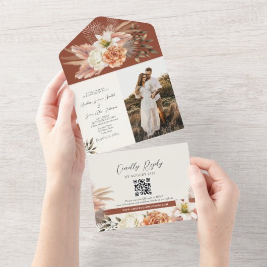 Terracotta Boho Bloemen Rustiek Huwelijk All In One Uitnodiging (Afscheurbaar)