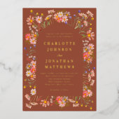 Terracotta Boho Bloemenboog Herfst Bruiloftsgoud Folie Uitnodiging (Voorkant)