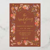 Terracotta Boho Bloemenboog Herfst Bruiloftsgoud Folie Uitnodiging (Voorkant)