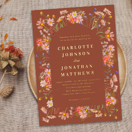 Terracotta Boho Bloemenboog Herfst Bruiloftsgoud Folie Uitnodiging