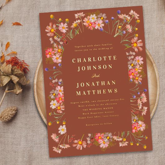 Terracotta Boho Bloemenboog Herfst Bruiloftsgoud Folie Uitnodiging