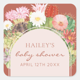 Terracotta Boho Bloom Cactus-Baby shower Vierkante Sticker
