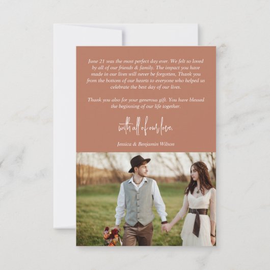 Terracotta Boho Boog Fotobruiloft Bedankkaart (Achterkant)