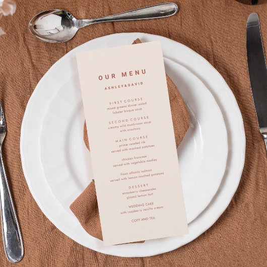 Terracotta Boho Bruiloft Diner Menu Ons menu