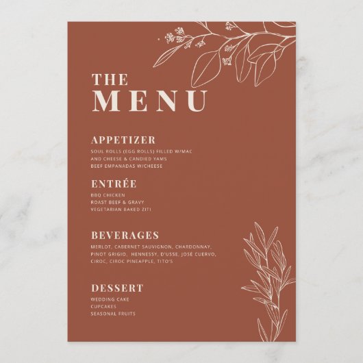 Terracotta Boho Bruiloftsmenu met bloemschilderwer Menu (Voorkant)