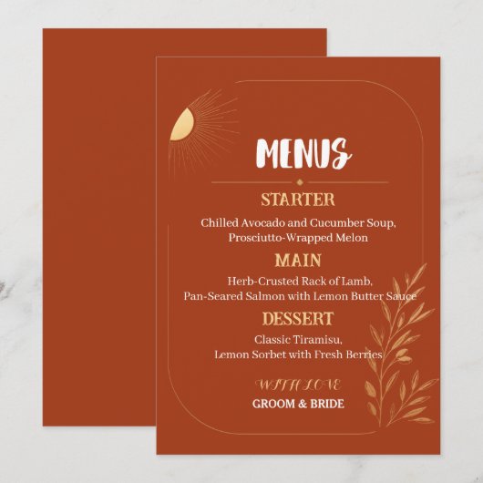 Terracotta Boho Bruiloftsmenu Sjabloon Menu (Voorkant / Achterkant)