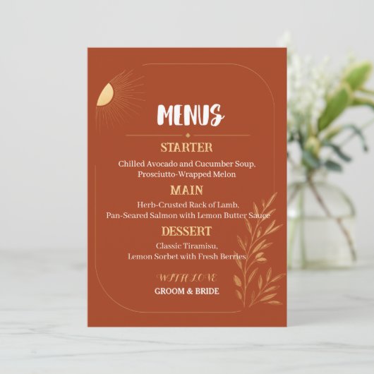 Terracotta Boho Bruiloftsmenu Sjabloon Menu (Staand voorkant)