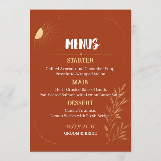 Terracotta Boho Bruiloftsmenu Sjabloon Menu (Voorkant)