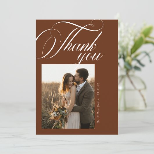 Terracotta Boho Calligrafie Script Foto Bruiloft Bedankkaart (Staand voorkant)