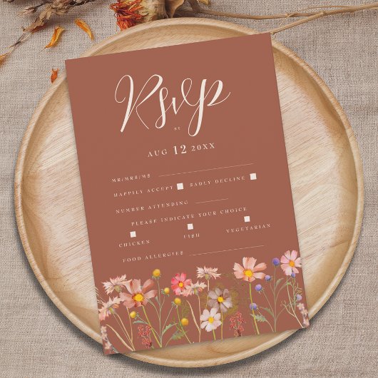 Terracotta Boho Fall Floral Meal Options Wedding RSVP Kaartje