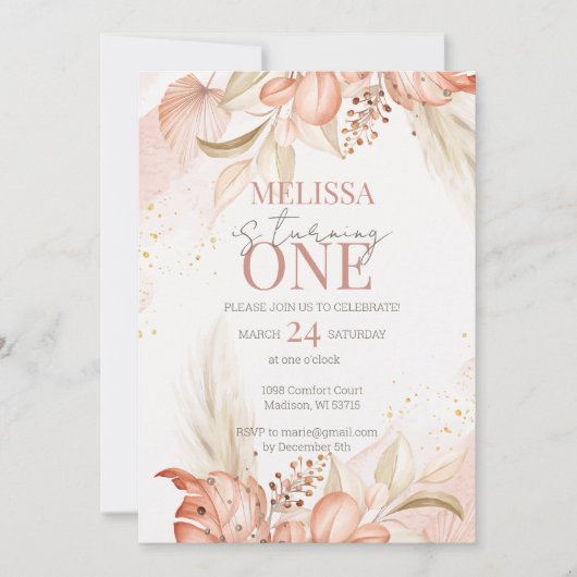 Terracotta Boho Floral 1e verjaardag uitnodiging (Voorkant)