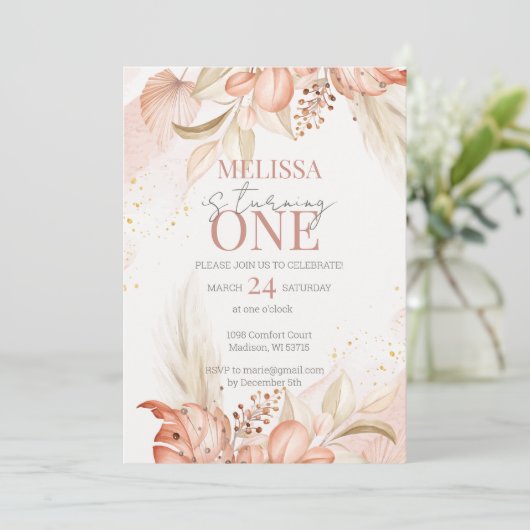 Terracotta Boho Floral 1e verjaardag uitnodiging (Staand voorkant)