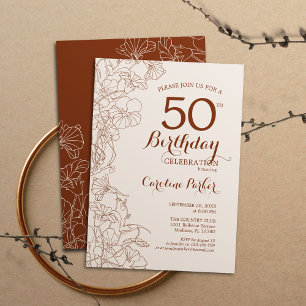 Terracotta Boho Floral 50th Birthday Party Kaart