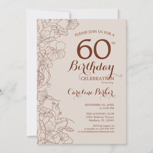 Terracotta Boho Floral 60th Birthday Party Kaart (Voorkant)