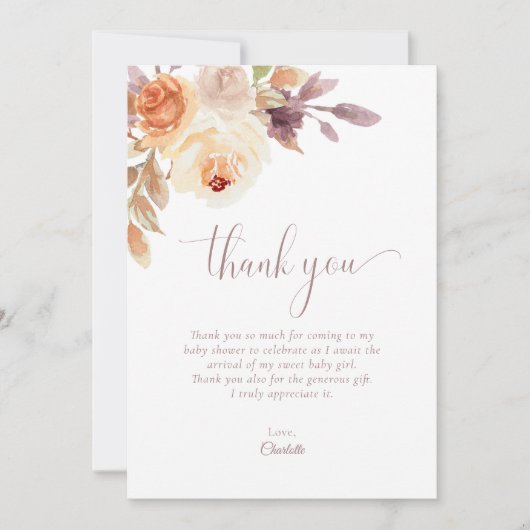 Terracotta Boho Floral Baby shower bedankje Kaart (Voorkant)