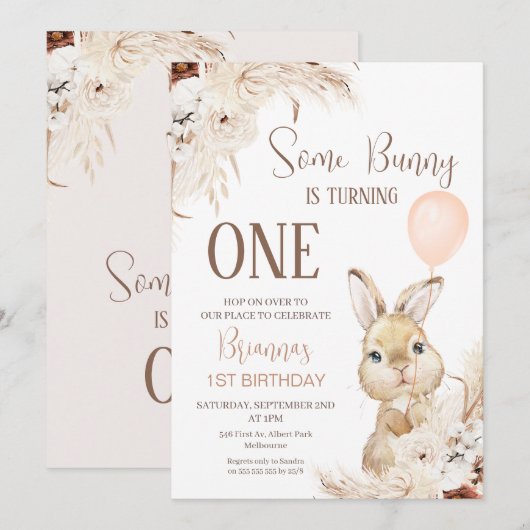 Terracotta Boho Floral Bunny Balloon 1e verjaardag Kaart (Voorkant / Achterkant)
