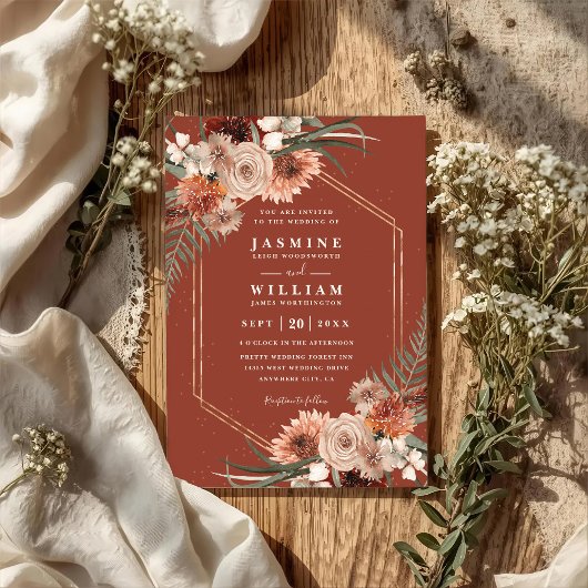 Terracotta Boho Floral Elegant QR Code Wedding Kaart