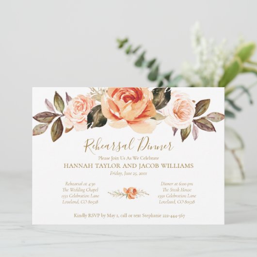 Terracotta Boho Floral Fall Wedding Rhearsal Kaart (Staand voorkant)