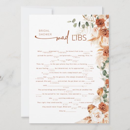 Terracotta Boho Floral Mad Lib Bridal Shower Game  (Voorkant)
