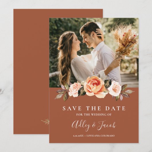 Terracotta Boho Floral Photo Wedding Save The Date (Voorkant / Achterkant)