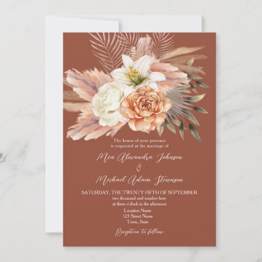 Terracotta Boho Floral QR Code Huwelijk Kaart (Voorkant)