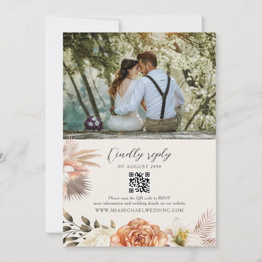Terracotta Boho Floral QR Code Huwelijk Kaart (Achterkant)