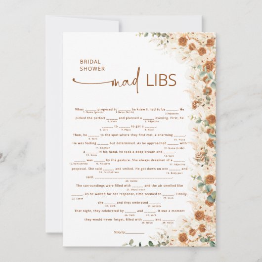 Terracotta Boho Floral Vrijgezellenfeest Mad Libs (Voorkant)