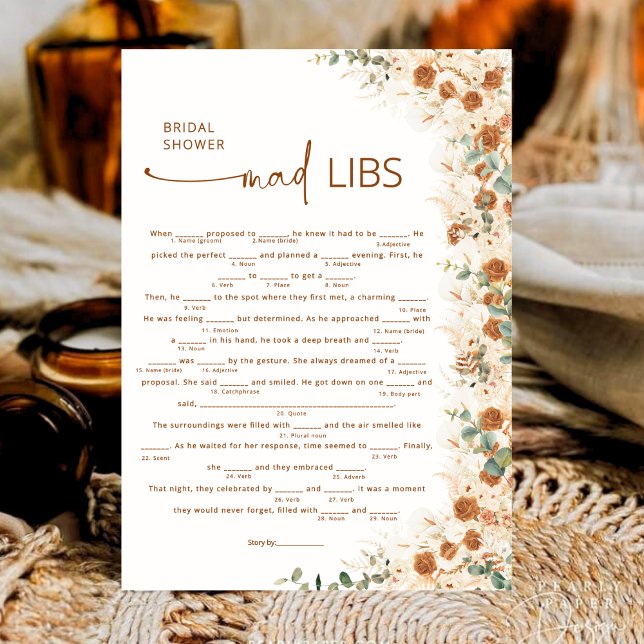 Terracotta Boho Floral Vrijgezellenfeest Mad Libs  (Creator heeft geüpload)