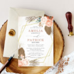 Terracotta Boho Floral Wedding Invitation Kaart<br><div class="desc">Het ontwerp is voorzien van waterverf perzikkleurige bloemen en terracotta kleurblad rond een modern gouden zeshoek lijst. Aan de achterkant van de kaart is een bloemige boho muur hangend met een aangepast monogram te zien.</div>