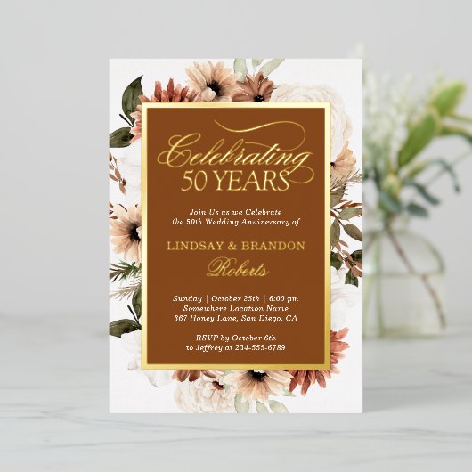 Terracotta Boho Floral Wedding Jubileum Gold Folie Uitnodiging (Staand Voorkant)
