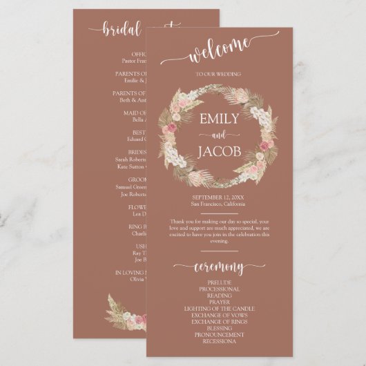 Terracotta Boho Floral Wreath Wedding Flat Program Programmakaart (Voorkant / Achterkant)