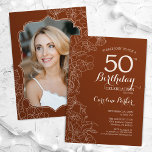 Terracotta Boho Foto 50e Verjaardagsfeest Kaart<br><div class="desc">Terracotta Boho Foto 50e Verjaardagsfeestuitnodiging. Minimalistisch modern ontwerp met botanische bloemenoverzichtstekeningen,  accenten en lettertype. Eenvoudige trendy uitnodigingskaart perfect voor een stijlvol vrouwen dagfeest. Kan worden aangepast aan elke leeftijd. Gedrukte Zazzle-uitnodigingen of direct download digitale afdrukbare sjabloon.</div>