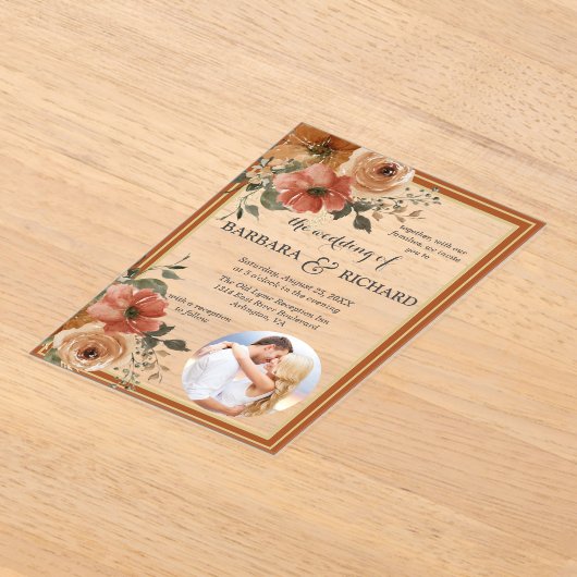 Terracotta Boho Foto Bloemen Waterverf bruiloft Acryl Uitnodigingen (Laagn)