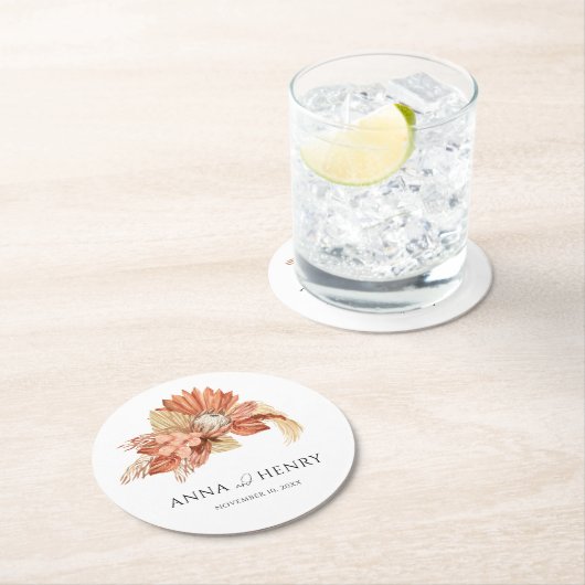 Terracotta Boho Gedroogde Bloemen Pampas Grass Bru Ronde Kartonnen Onderzetter (Insitu)