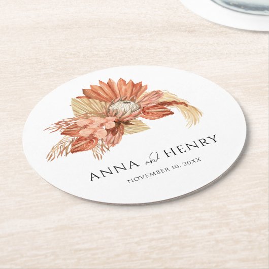 Terracotta Boho Gedroogde Bloemen Pampas Grass Bru Ronde Kartonnen Onderzetter (Gebogen)